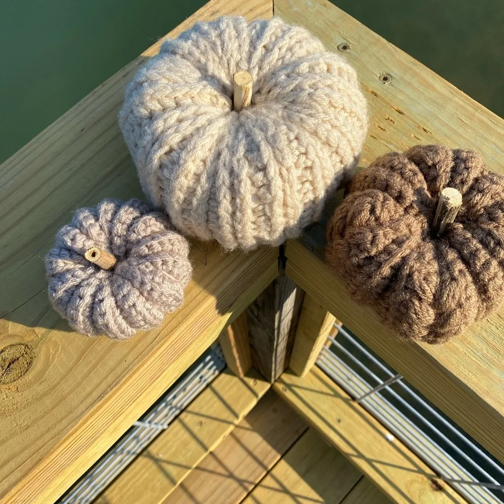 Crochet stacking pumpkin trio Neutral brown fall decor one set